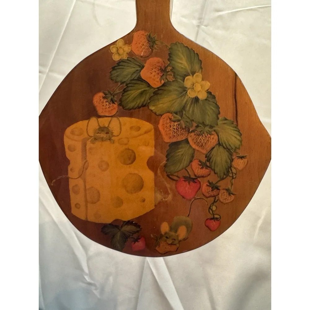 Vintage Thick Hand Carved & Painted Strawberries & Cheese Wood Cutting Board
